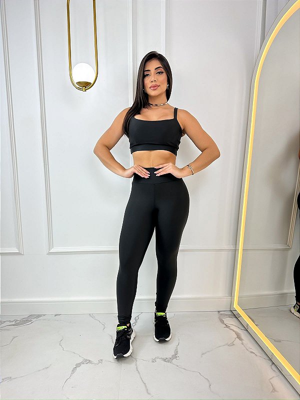 Conjunto Legging Básica+ Top Alça Reta Plus Size Cor Preto