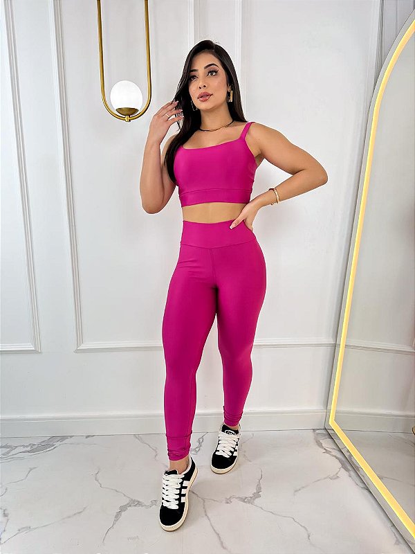 Conjunto Legging Básica+ Top Alça Reta Cor Rosa Fuschia