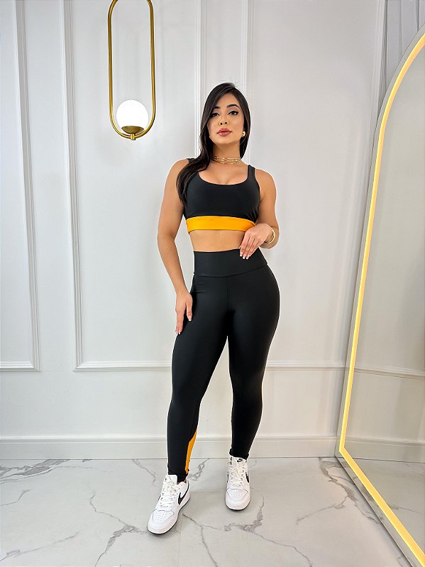 Conjunto Legging Val+ Top Cor Preto+Mostarda