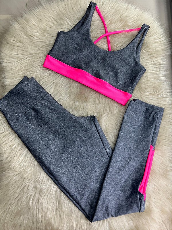 Conjunto Legging Val+ Top Cor Mescla+Rosa Neon