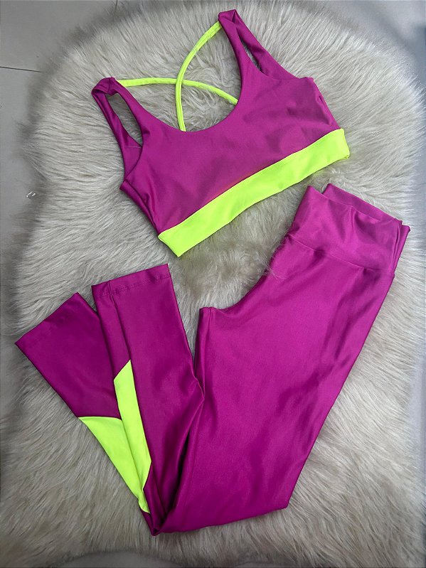 Conjunto Legging Val+ Top Cor Fuschia+Amarelo Neon