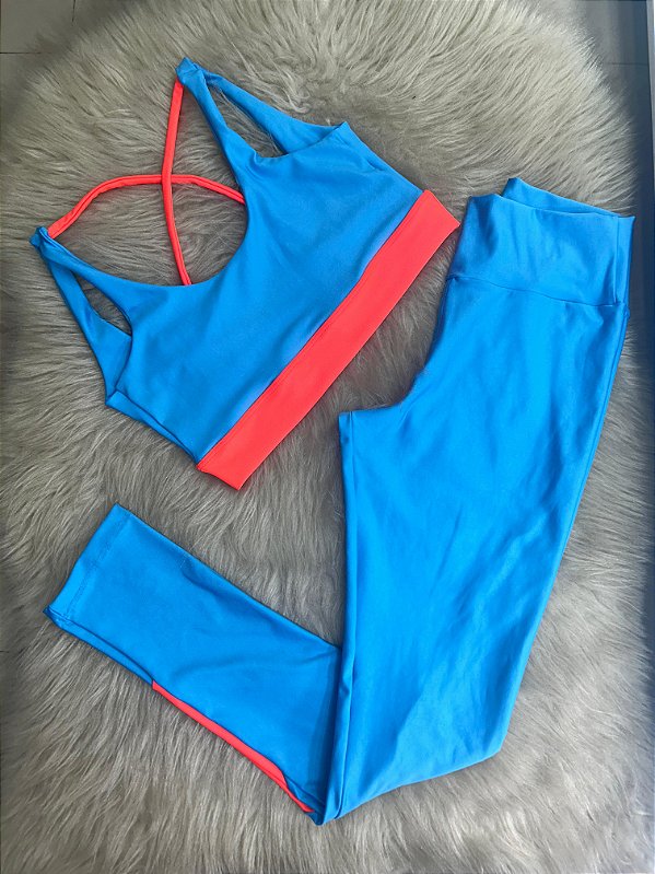 Conjunto Legging Val+ Top Cor Azul Céu+Laranja Neon