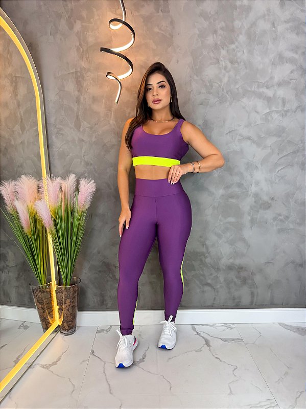 Conjunto Legging Val+ Top Cor Roxo Uva+Amarelo Neon