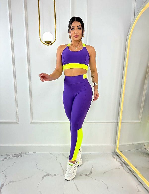 Conjunto Athena Legging+Top Cor Roxo+Amarelo Neon