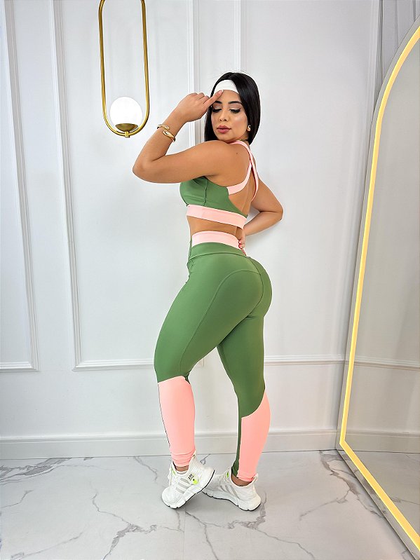 Conjunto Athena Legging+Top Cor Verde Oliva+Salmão