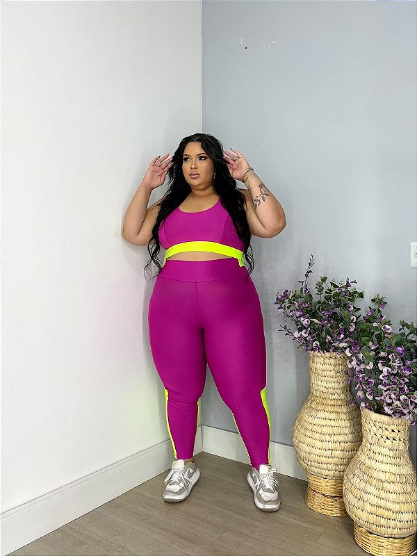 Conjunto Athena Legging+Top Cor Rosa Fuschia+Amarelo Neon