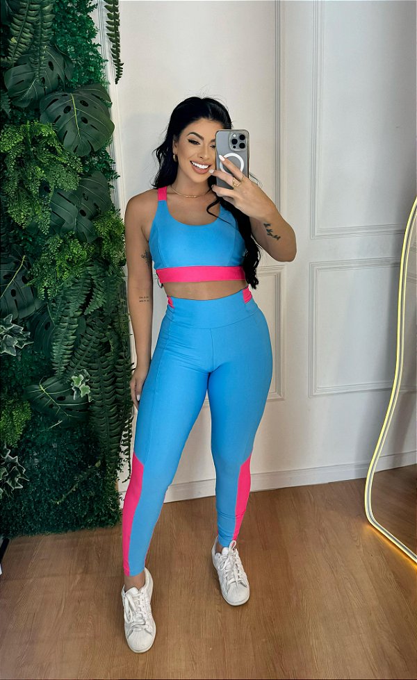 Conjunto Athena Legging+Top Cor Azul Céu+Rosa Neon