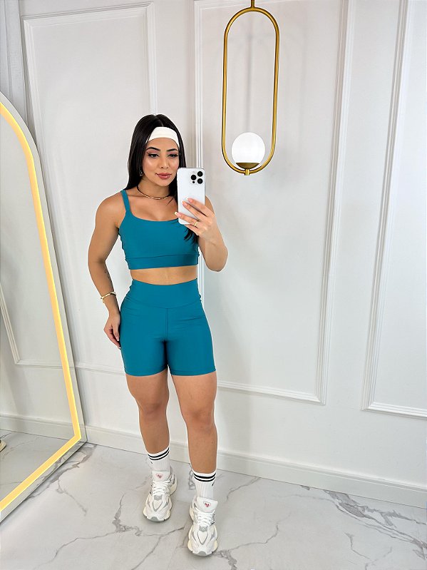 Conjunto Short Meia Coxa+ Top Alça Reta Cor Verde Petróleo