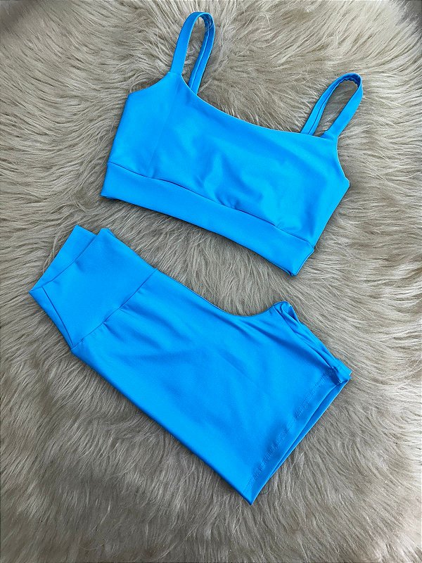 Conjunto Short Meia Coxa+ Top Alça Reta Cor Azul Céu