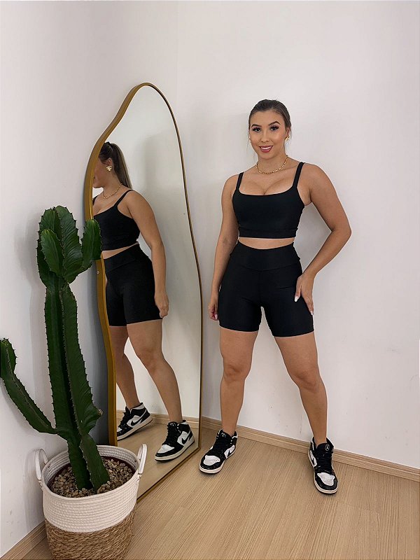 Conjunto Short Meia Coxa+ Top Alça Reta Cor Preto