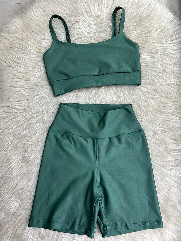 Conjunto Short Meia Coxa+ Top Alça Reta Cor Verde Militar