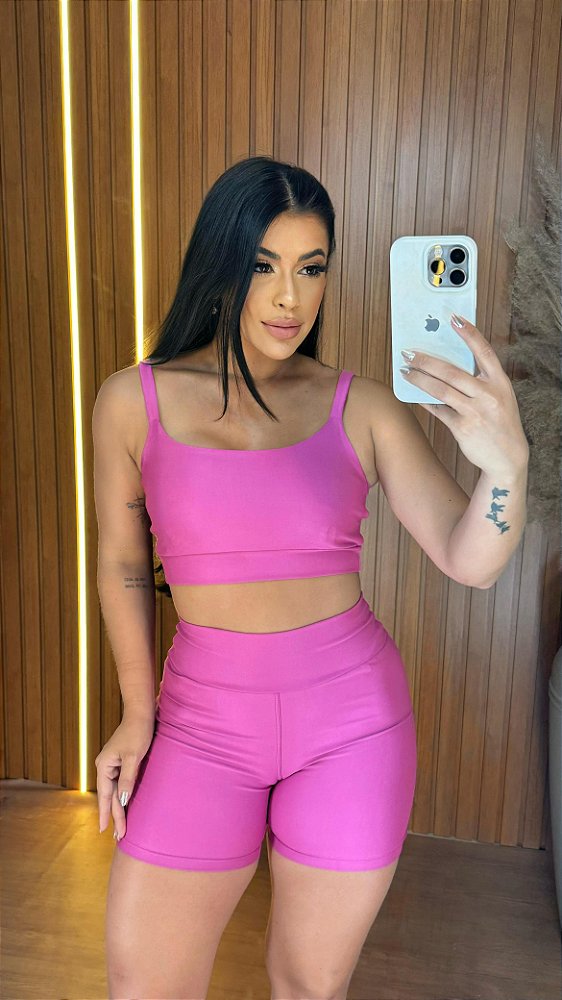 Conjunto Short Meia Coxa+ Top Alça Reta Cor Rosa Fuschia