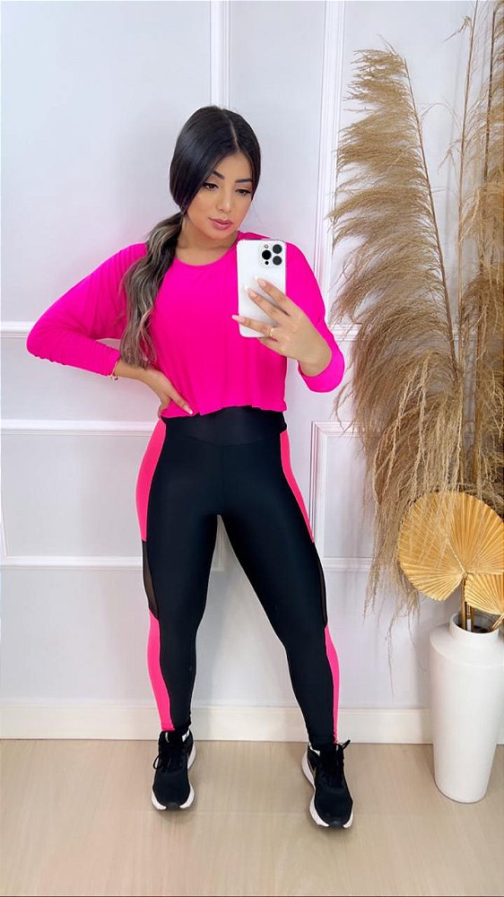 Blusa Tapa Bumbum Manga Longa Croped Cor Rosa Neon