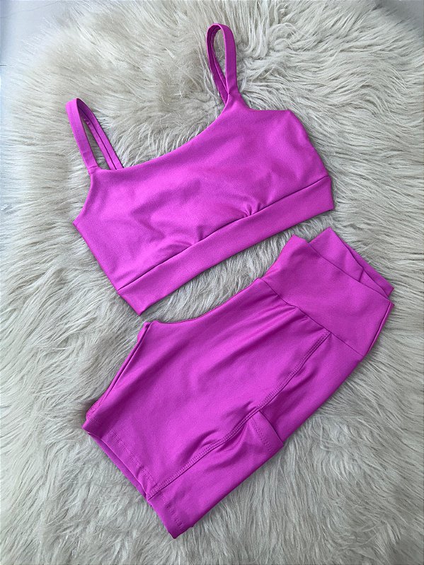 Conjunto Short Bolso+Top Alça Reta Cor Rosa Fuschia