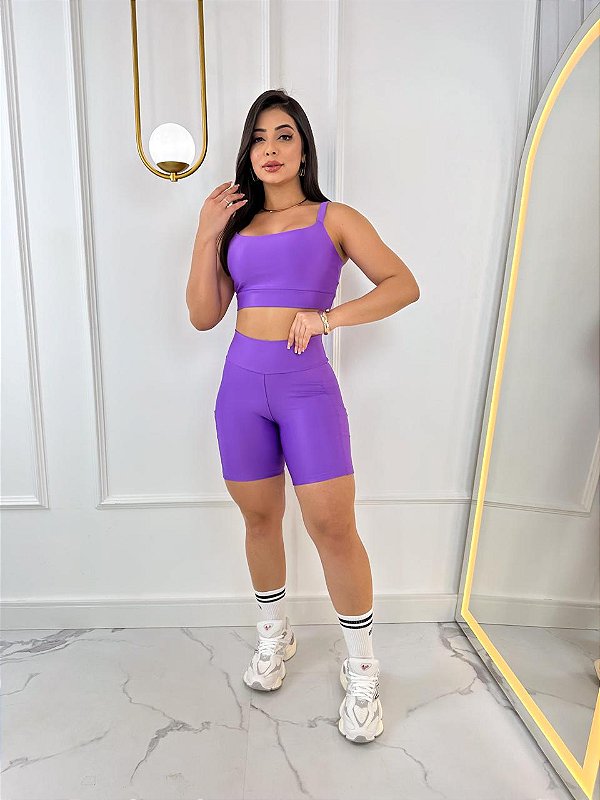 Conjunto Short Bolso+Top Alça Reta Cor Roxo Amora