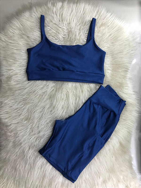 Conjunto Short Bolso+Top Alça Reta Cor Azul Marinho