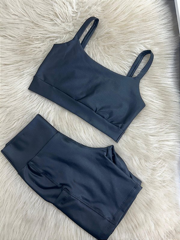 Conjunto Short Bolso+Top Alça Reta Cor Preto