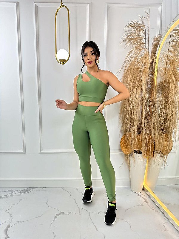 Conjunto Legging Básica + Top Nula Manga Cor Verde Oliva