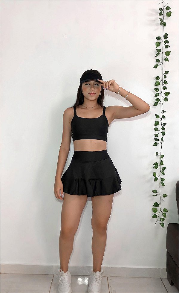 Conjunto Short e Saia+ Top Alça Reta Cor Preto
