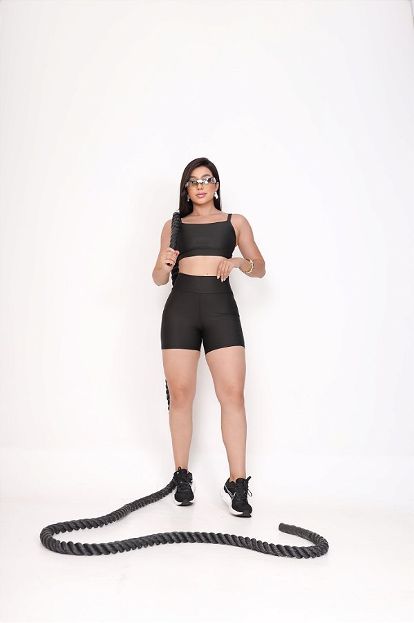 Conjunto Short Crossfit + Top Alça Reta Cor Preto