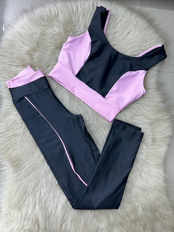 Conjunto Legging Bolso Vivo+Top Cor Preto+Rosa BB