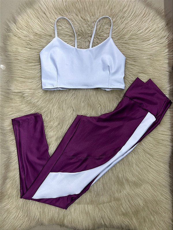 Conjunto Legging Lary+Top Tiras Cor Uva+Branco