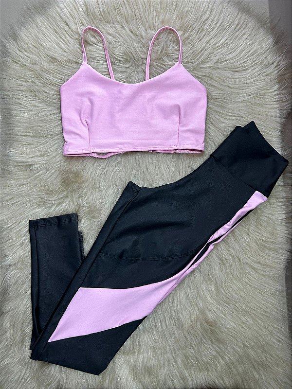 Conjunto Legging Lary+Top Tiras Cor Preto+Rosa BB
