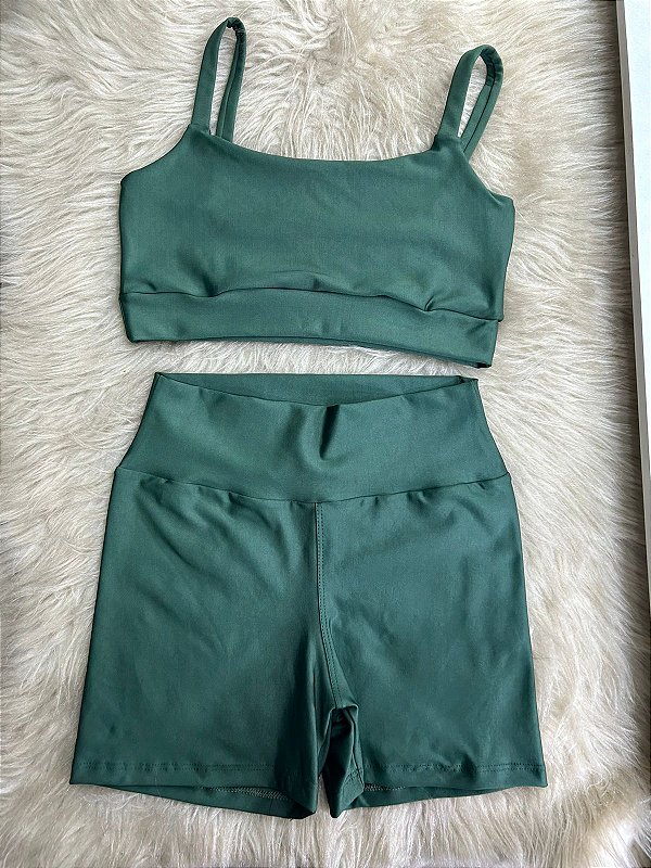 Conjunto Short Crossfit + Top Alça Reta Cor Verde Militar