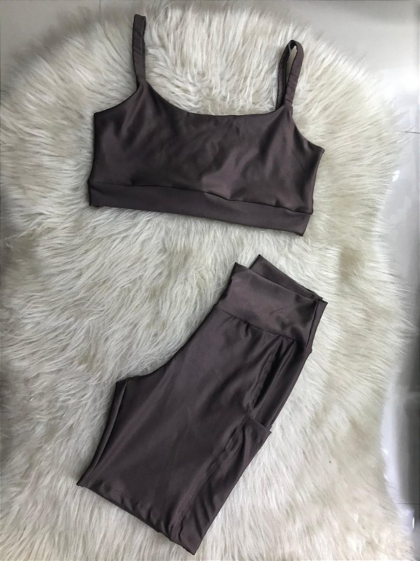 Conjunto Short Bolso+Top Alça Reta Cor Marrom