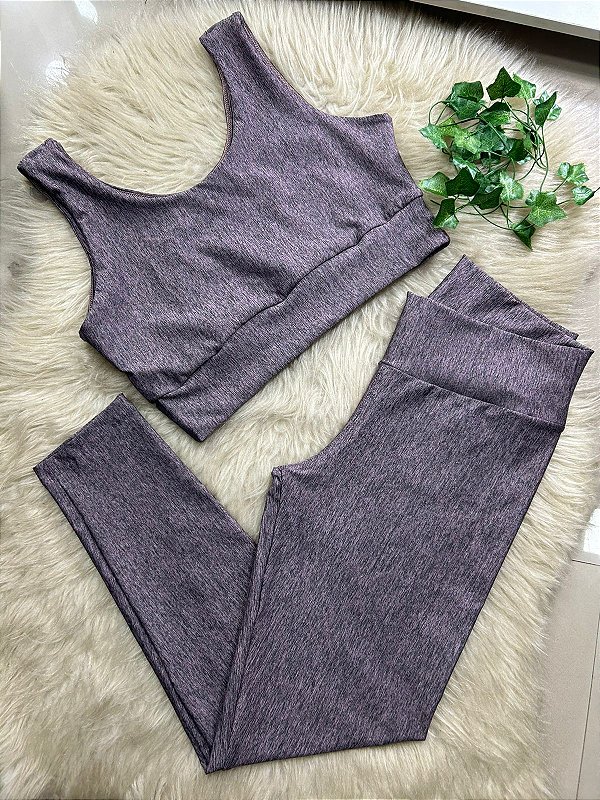Conjunto Legging Básica Plus Size+ Top Alça Larga Cor Mescla (Rajado/Lilas)