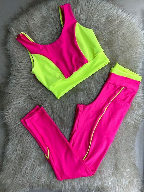 Conjunto Legging Bolso Vivo+Top Cor Rosa Neon+Amarelo Neon