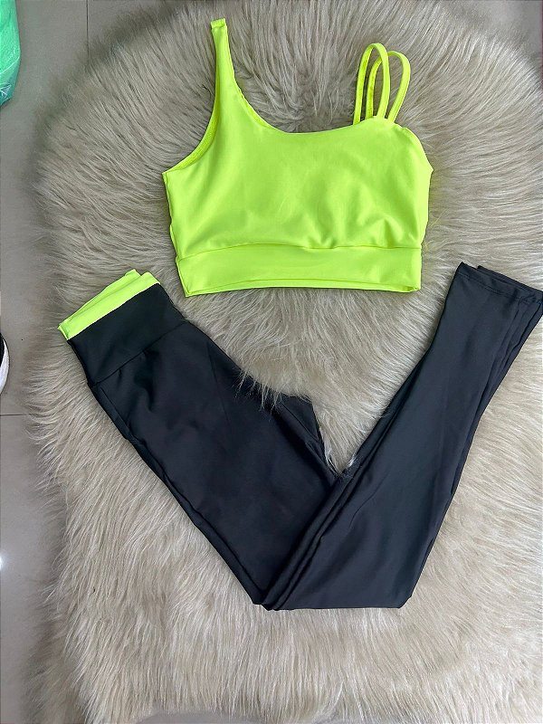 Conjunto Legging Marcela+ Top Cor Preto+Amarelo Neon