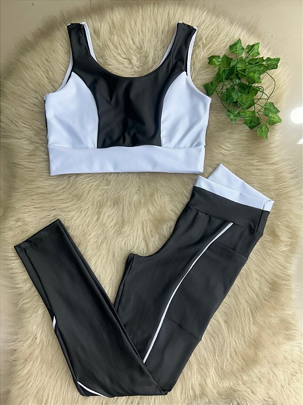 Conjunto Legging Bolso Vivo+Top Cor Preto+Branco
