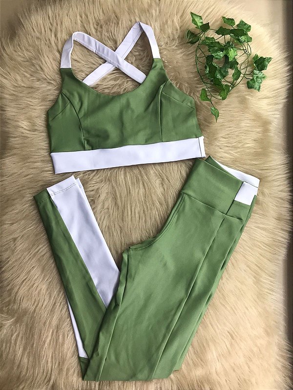 Conjunto Athena Legging+Top Cor Verde Oliva+Branco