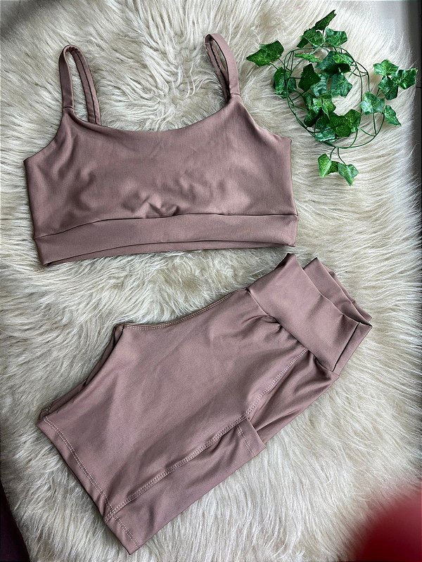 Conjunto Short Bolso+Top Alça Reta Cor Cappucino