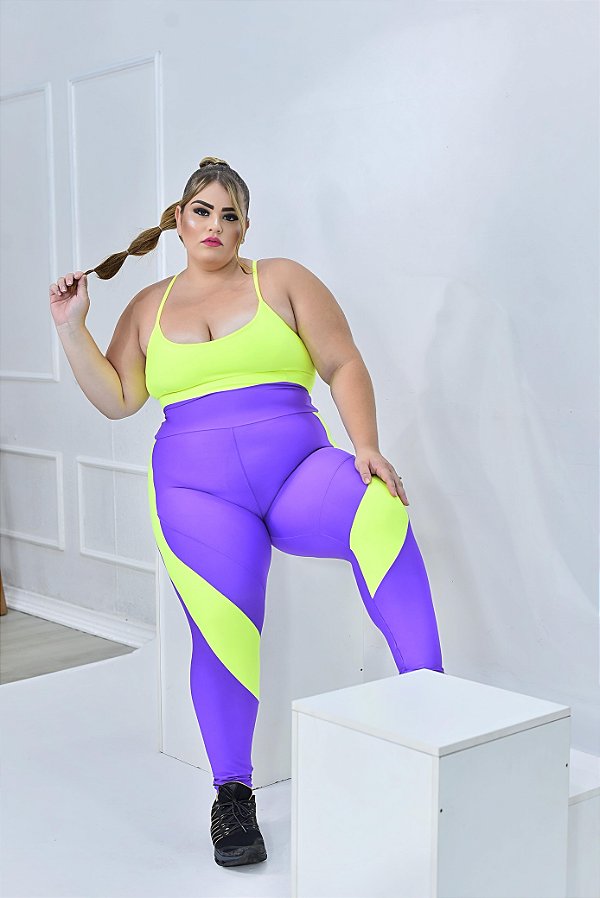 Conjunto Legging Lary+Top Tiras Cor Roxo Amora+Amarelo Neon