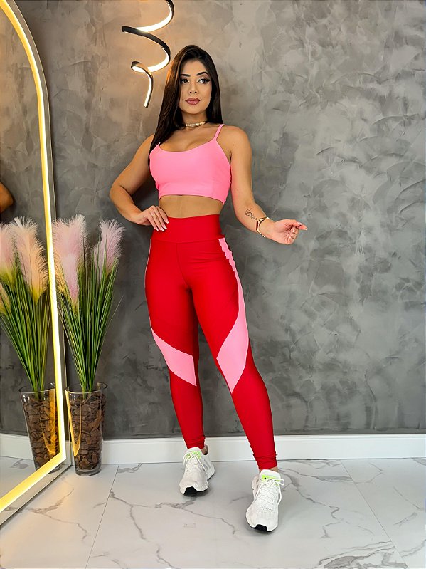Conjunto Legging Lary+Top Tiras Cor Vermelho+Rosa BB