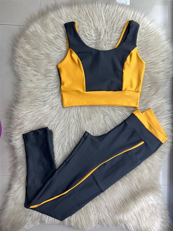 Conjunto Legging Bolso Vivo+Top Cor Preto+Mostarda