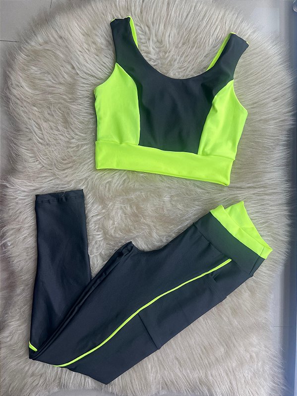 Conjunto Legging Bolso Vivo+Top Cor Preto+Amarelo Neon