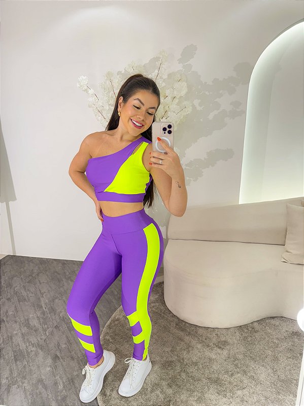 Conjunto Legging Isabela+Top Cor Roxo Amora+ Amarelo Neon