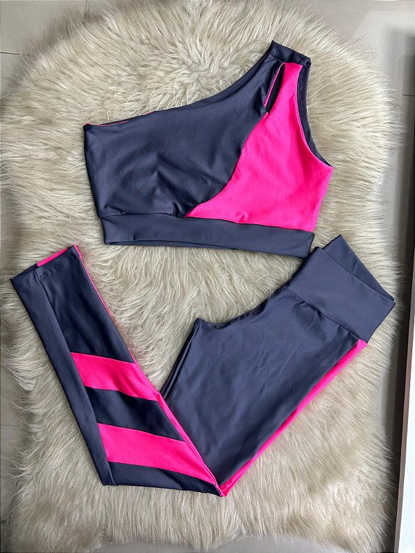 Conjunto Legging Isabela+Top Cor Cinza+Rosa Neon