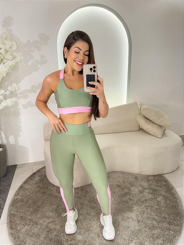 Conjunto Athena Legging+Top Cor Verde Alecrim+Rosa BB