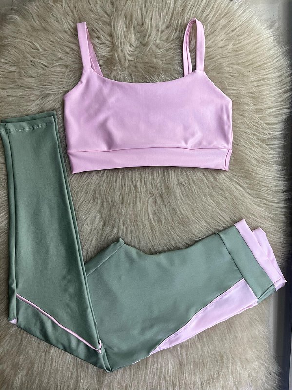 Conjunto Legging Vivo+Top Alça Reta Cor Verde Alecrim+Rosa BB
