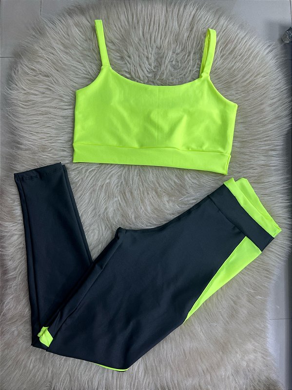 Conjunto Legging Vivo+Top Alça Reta Cor Preto+Amarelo Neon