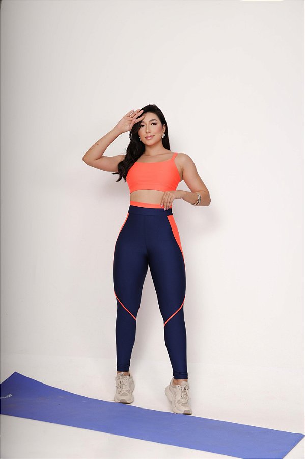 Conjunto Legging Vivo+Top Alça Reta Cor Azul Marinho+Laranja Neon
