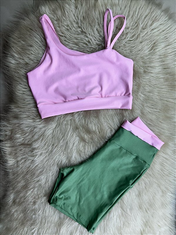 Conjunto Short Marcela+Top Cor Verde Oliva+Rosa BB