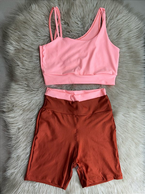 Conjunto Short Marcela+Top Cor Telha+Salmão