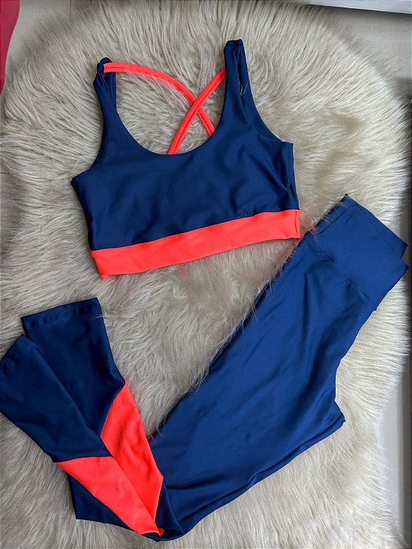 Conjunto Legging Val+ Top Cor Azul Marinho+Laranja Neon
