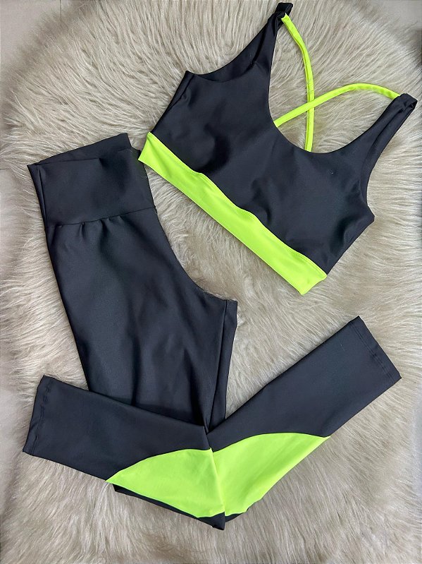 Conjunto Legging Val+ Top Cor Preto+Amarelo Neon