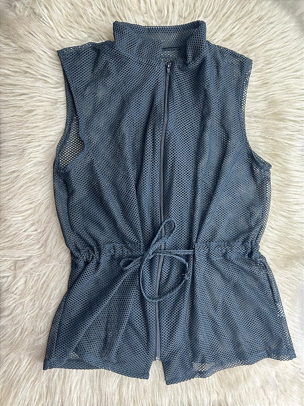 Blusa Colete Arrastão com Ziper Poliamida Cor Preto